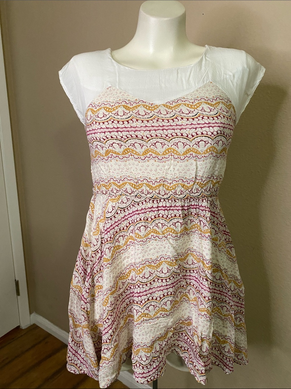 OLIVE des OLIVE Japan gold &red print boho silky tunic top S